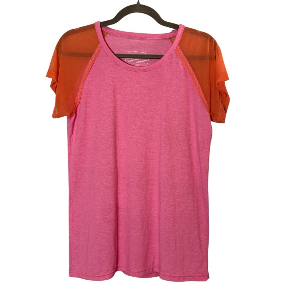 Oiselle Flyte Gauzy Sleeve Pink and Orange Short Sleeve Athletic Running Tee L